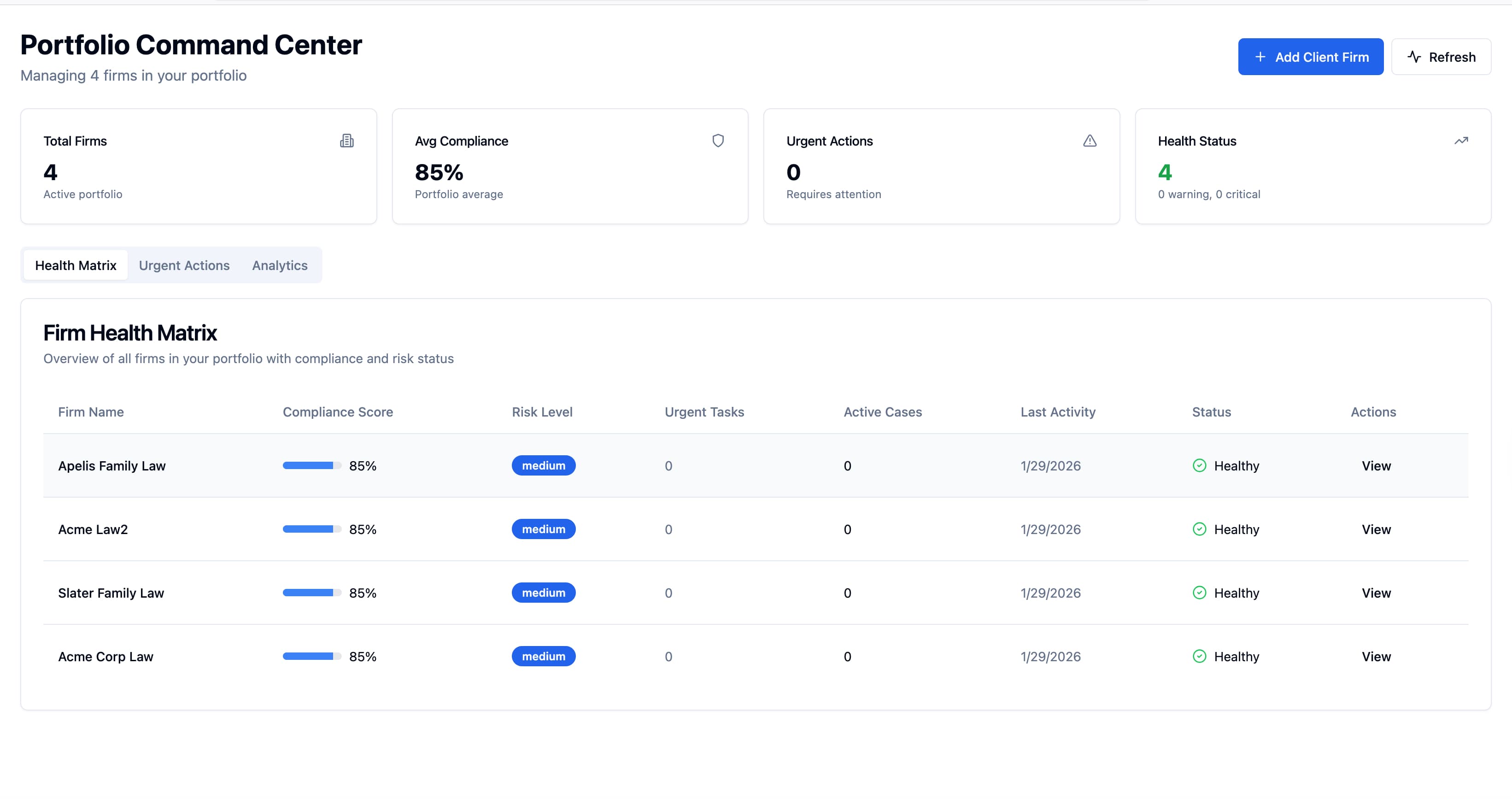Portfolio Command Center dashboard showing unified view of multiple client firms with compliance scores, risk levels, and firm health matrix