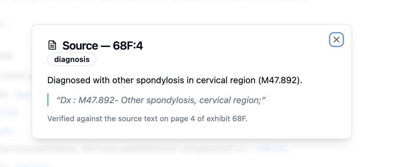 Sapphire Legal citation drill-down — a finding of cervical-region spondylosis (M47.892) shown next to its verbatim source quote, verified against the source text on page 4 of exhibit 68F